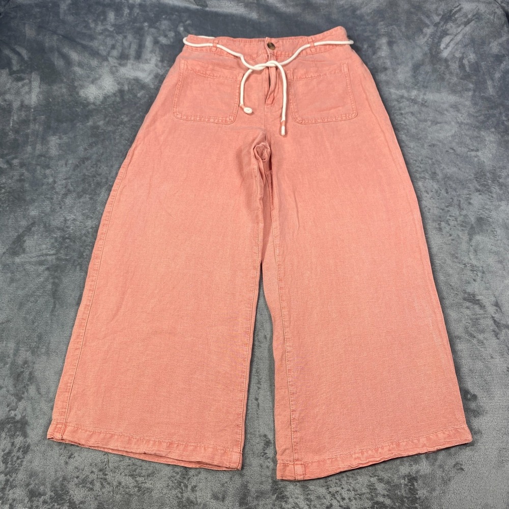 C&C California Linen Blend Pants Womens Size 6 Pink Wide Leg Pockets Barrel Belt